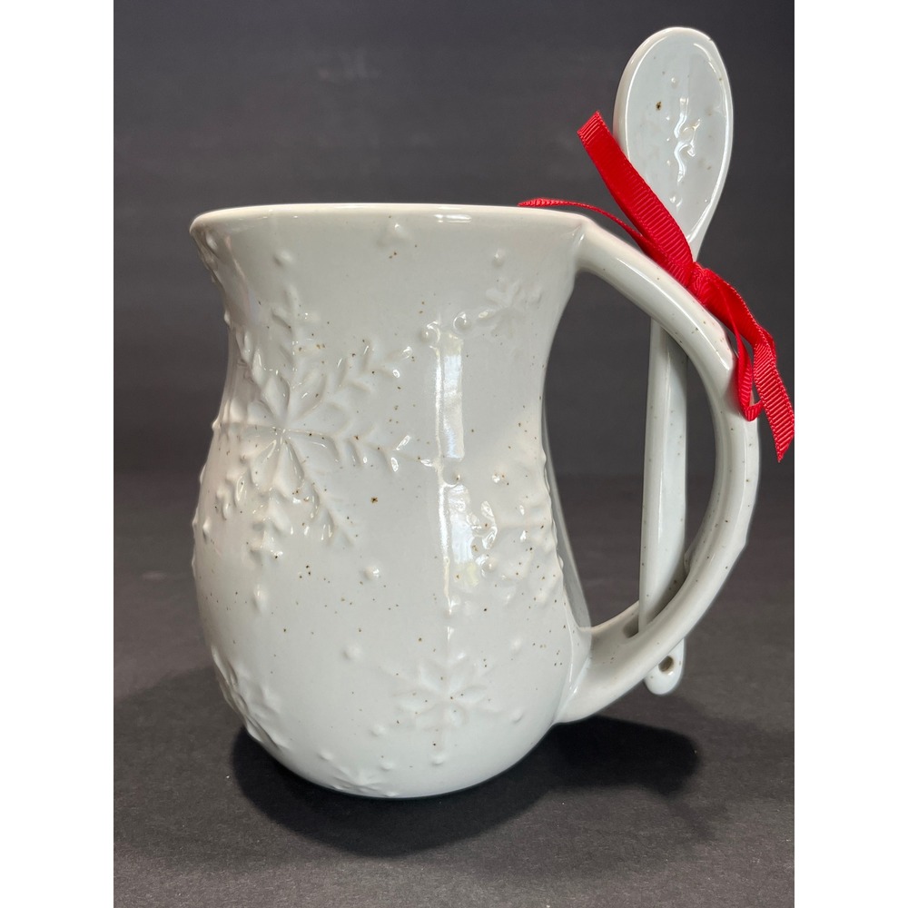 Hallmark Hand Warming Mug with Spoon Cream Snowflake Ceramic Christmas Mug